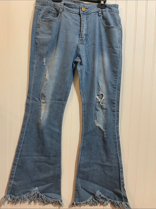 Denim - Light Wash Distressed Flare Jeans with Frayed Hem